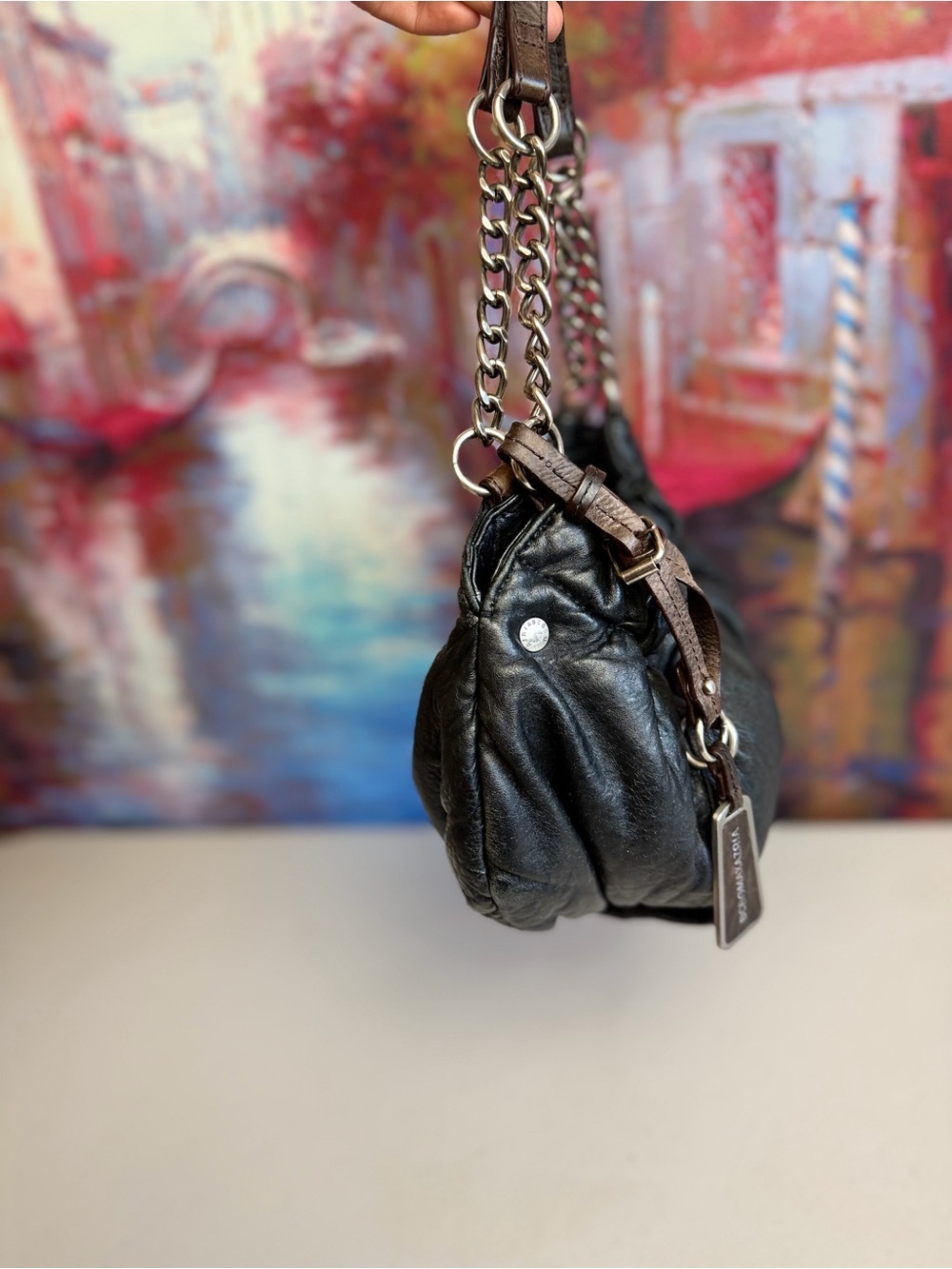 BCBGMaxAzria Black Ruched Leather Hobo with Chain-Strap - Picture 2 of 14